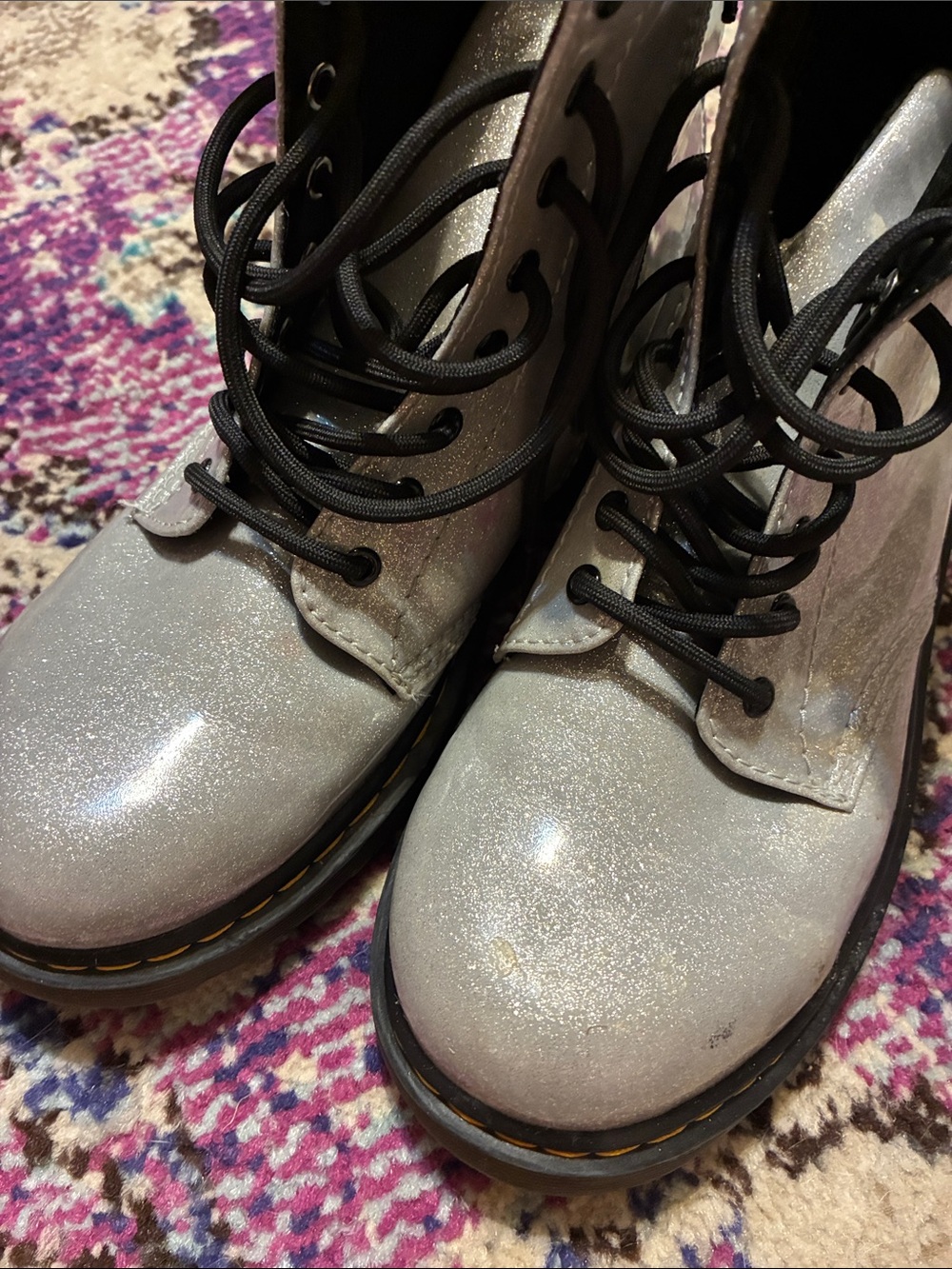 Dr  Martens glittery silver boots in size youth 4.
